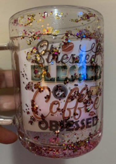 GLASS COFFEE MUG GLITTER GLOBE