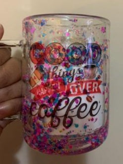 GLASS COFFEE MUG GLITTER GLOBE